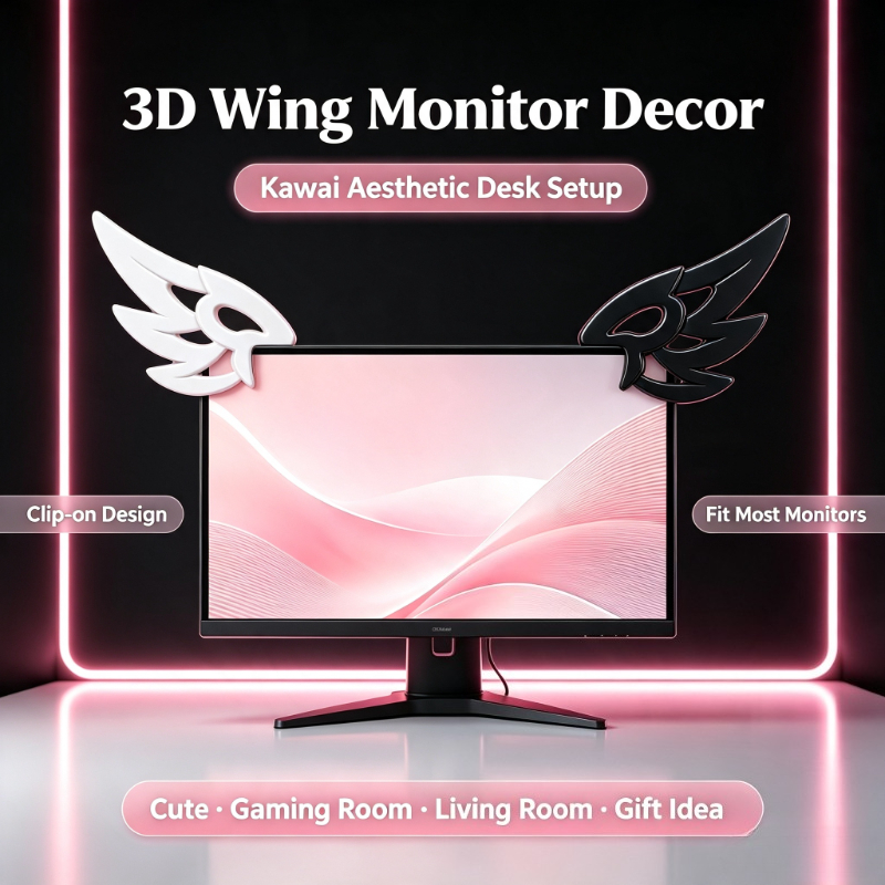 Desk Setup No Computer - Kawaii 3D-vleugeldecoratie voor computermonitor, esthetisch E-sports