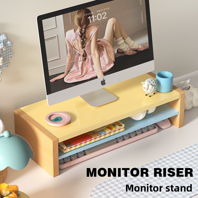 Desk Setup Workspace - Houten monitorstandaard met opbergplank, ergonomische computerbureau-organizer